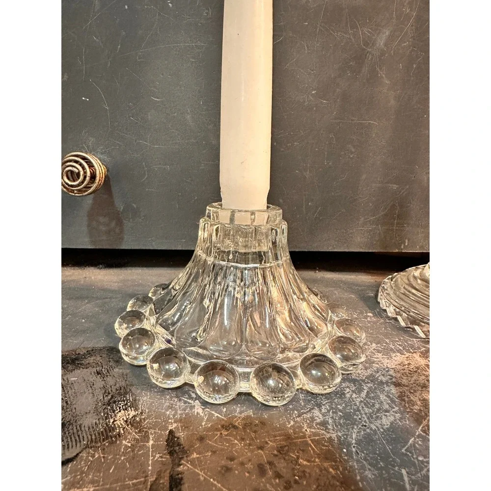 Vintage Mismatched Cottagecore Glass Taper Candle Holder Set Beaded Chamberstick